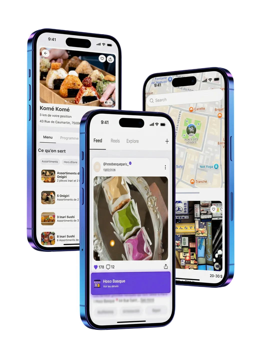 Aperçu de l'application ODY B2C : fiche restaurant Komé Komé, feed Hoso Basque, carte des adresses