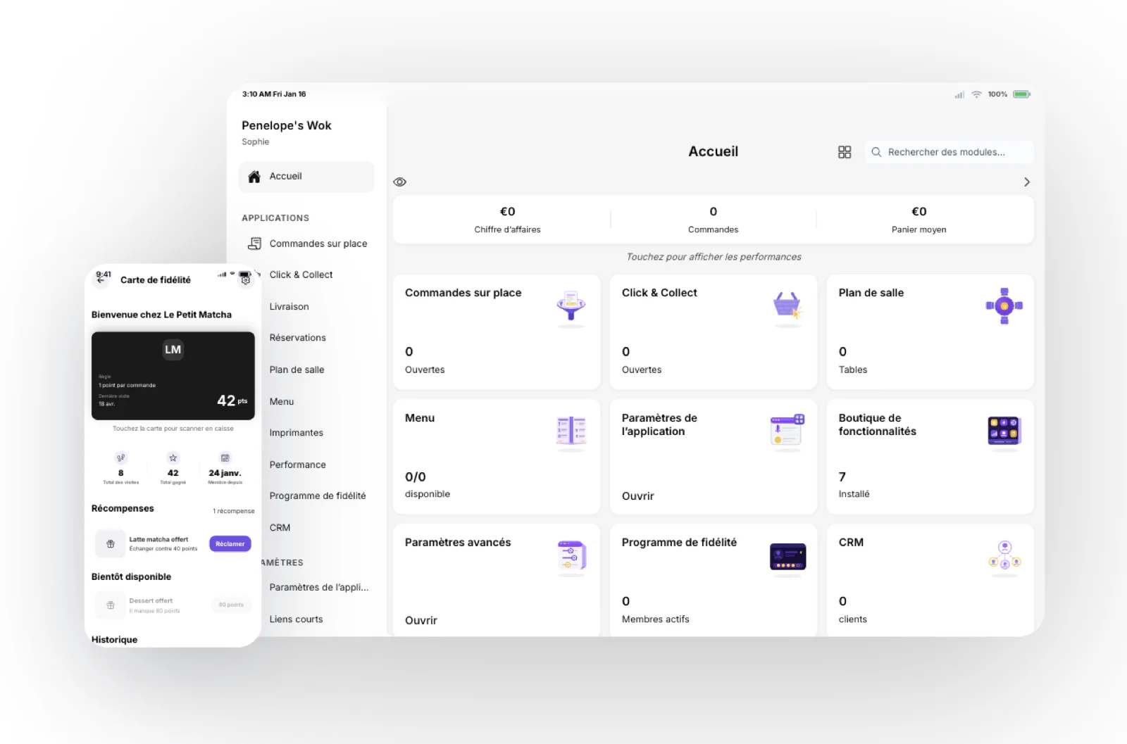 Dashboard ODY Pro pour commerçants : commandes, click & collect, plan de salle, menu, fidélité, CRM
